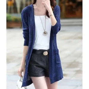 Casual Solid Color Long Sleeves Hollow Out Hooded Cardigan For Women - Blue One Size