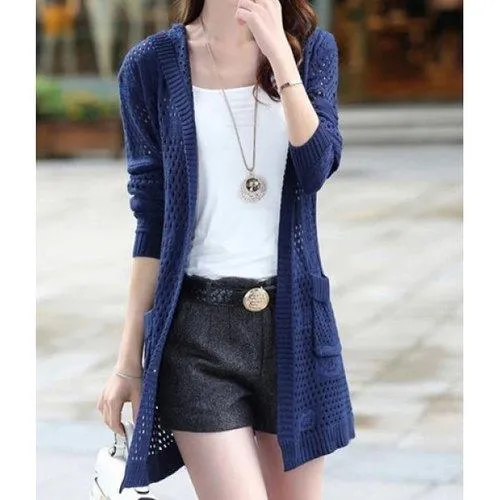 Casual Solid Color Long Sleeves Hollow Out Hooded Cardigan For Women - Blue One Size