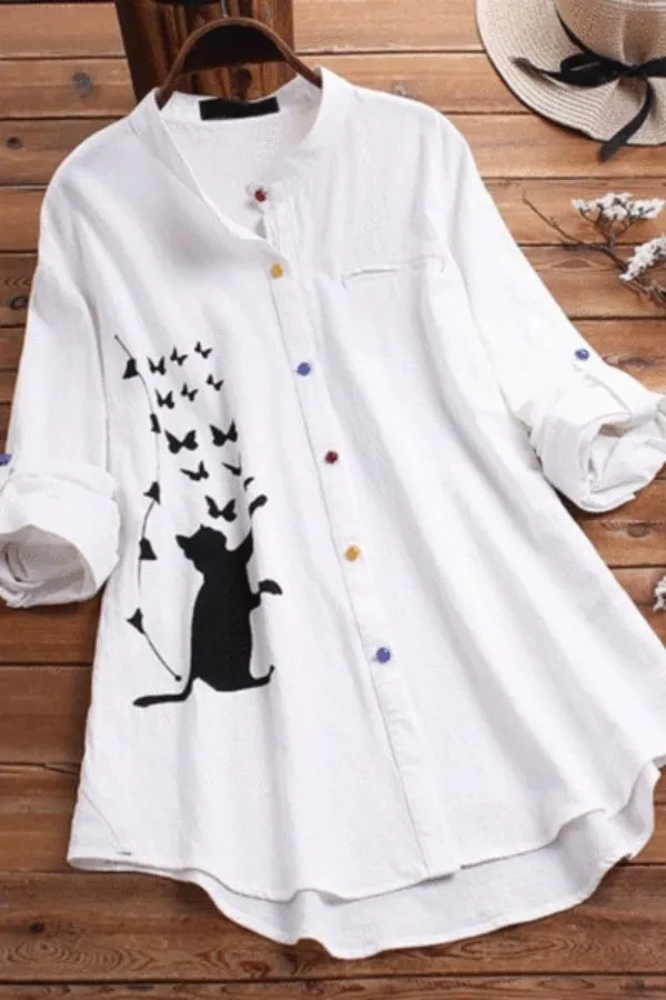 Cat Printing Cotton Blouse