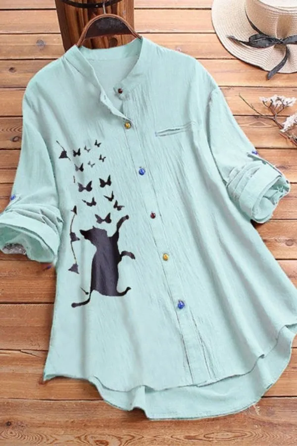 Cat Printing Cotton Blouse