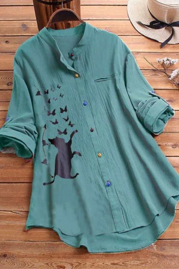 Cat Printing Cotton Blouse