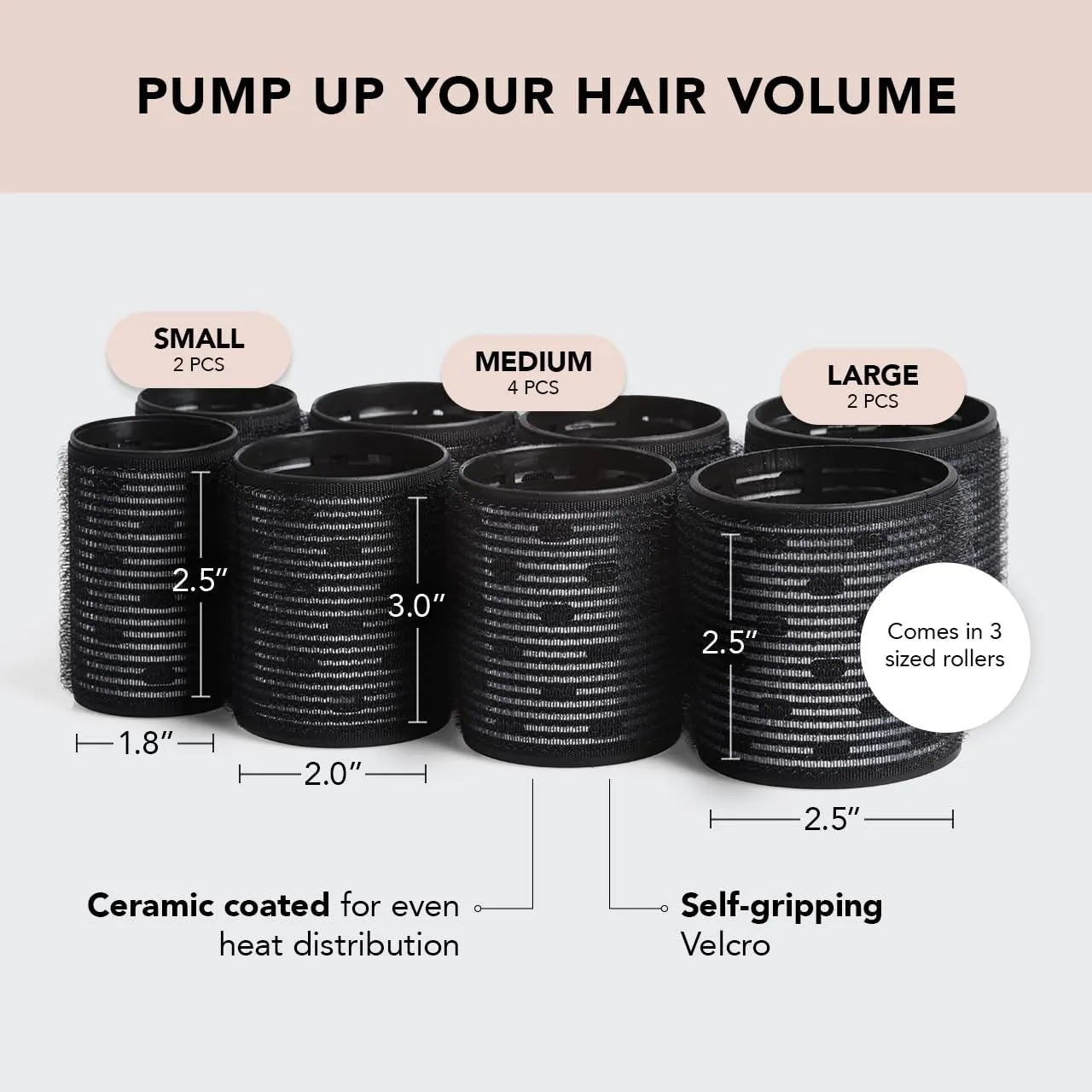 Ceramic Thermal Rollers - Self Grip Hair Rollers for Blowout Look Long Hair, Curlers for Short Hair and Medium Hair, Volume Curls, Ceramic Coated Core, Valentines Gift for Her - Black, 8Pc