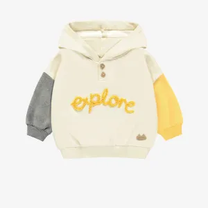 Chandail à capuchon crème bloc de couleur en coton français, naissance || Cream regular vest with color block in French terry, newborn