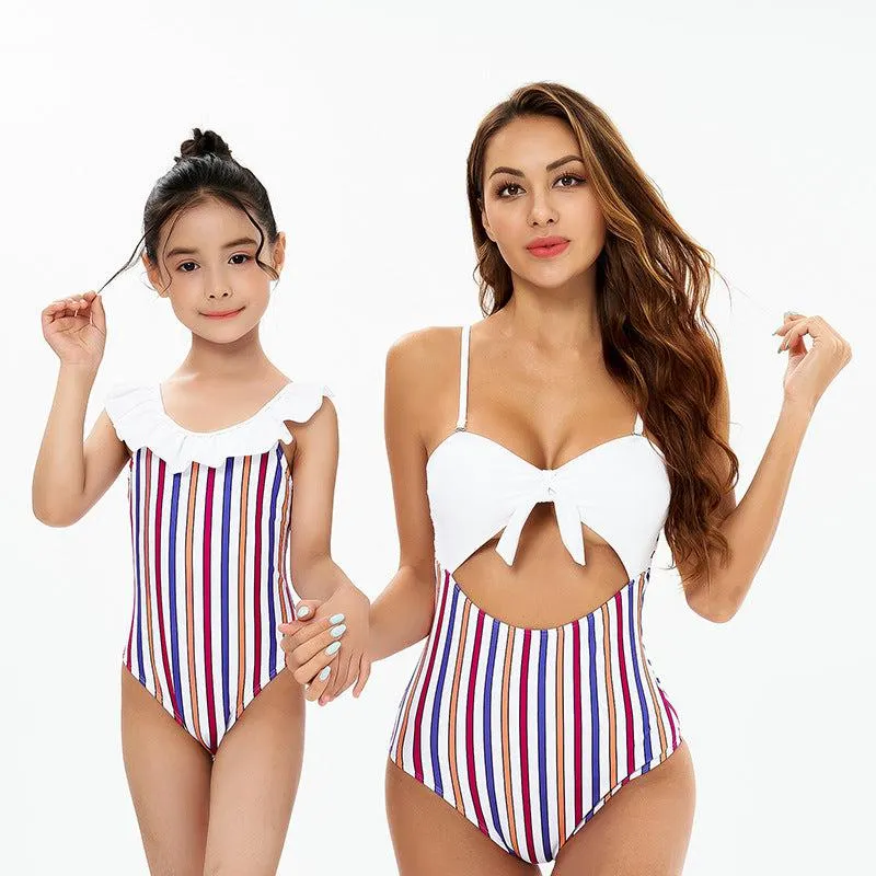 Chic Striped One-Piece Swimsuit with Playful Ruffle Detail - A Duo of Elegance for Mother & Daughter