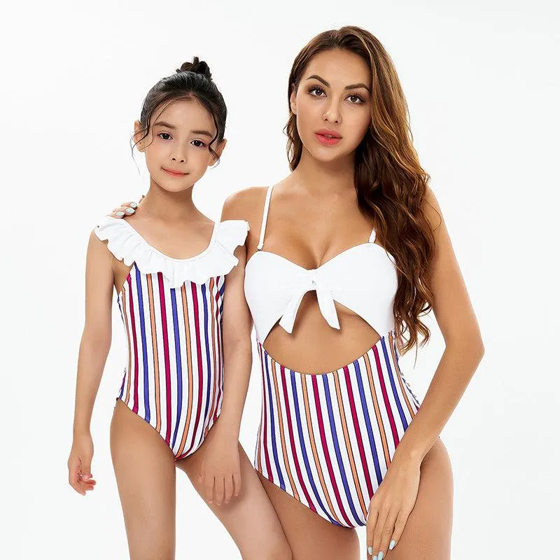 Chic Striped One-Piece Swimsuit with Playful Ruffle Detail - A Duo of Elegance for Mother & Daughter