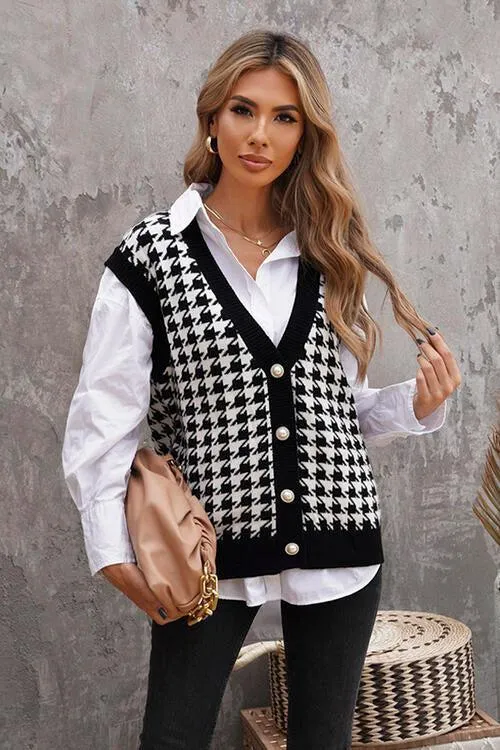 Classy Classic Buttoned Houndstooth Sweater Vest
