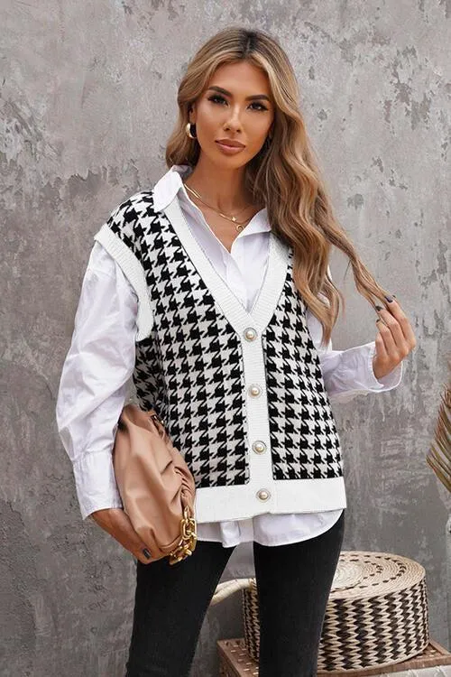 Classy Classic Buttoned Houndstooth Sweater Vest