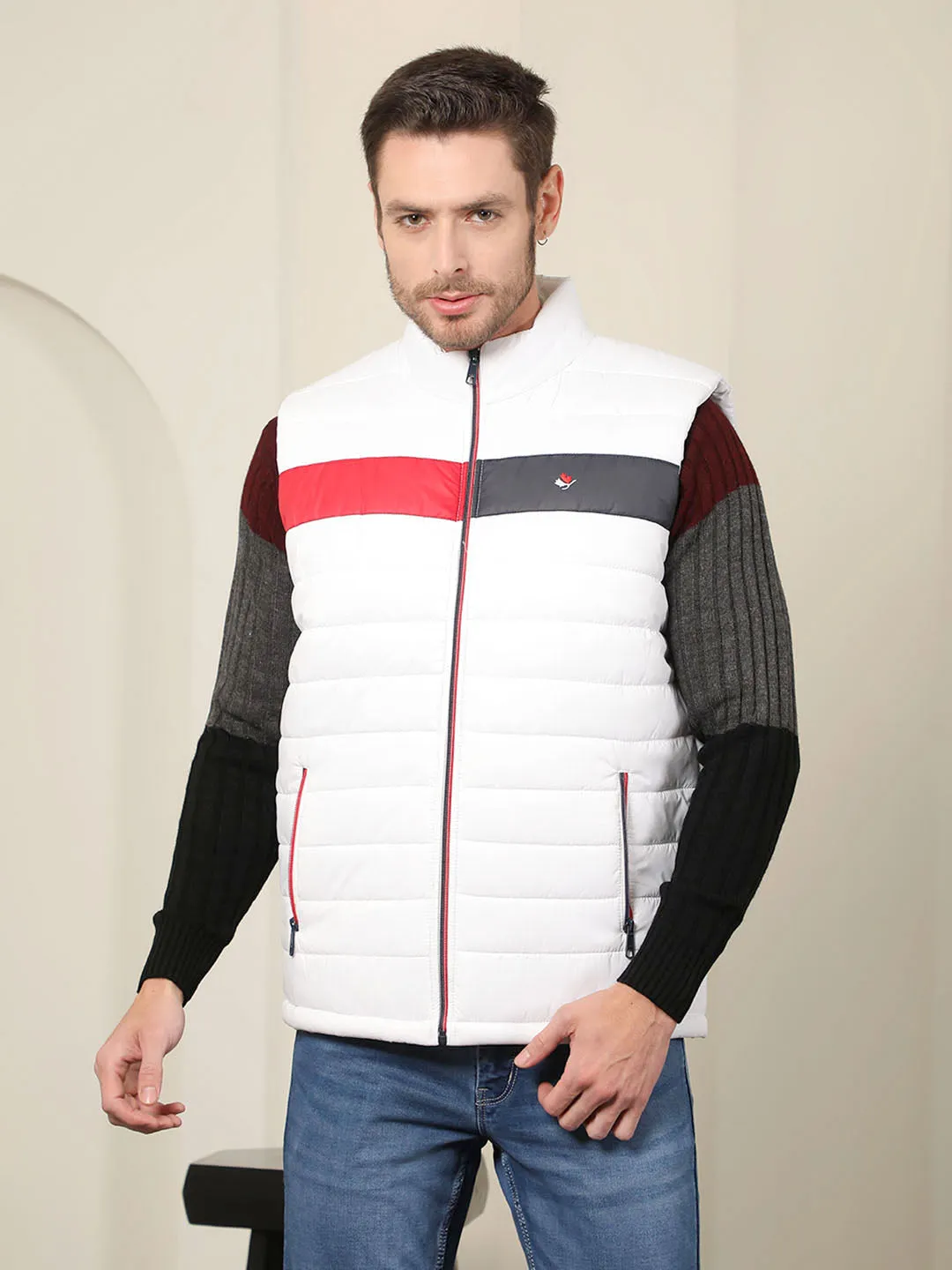 COBB WHITE COLOUR BLOCK SLEEVELESS ZIPPER JACKET