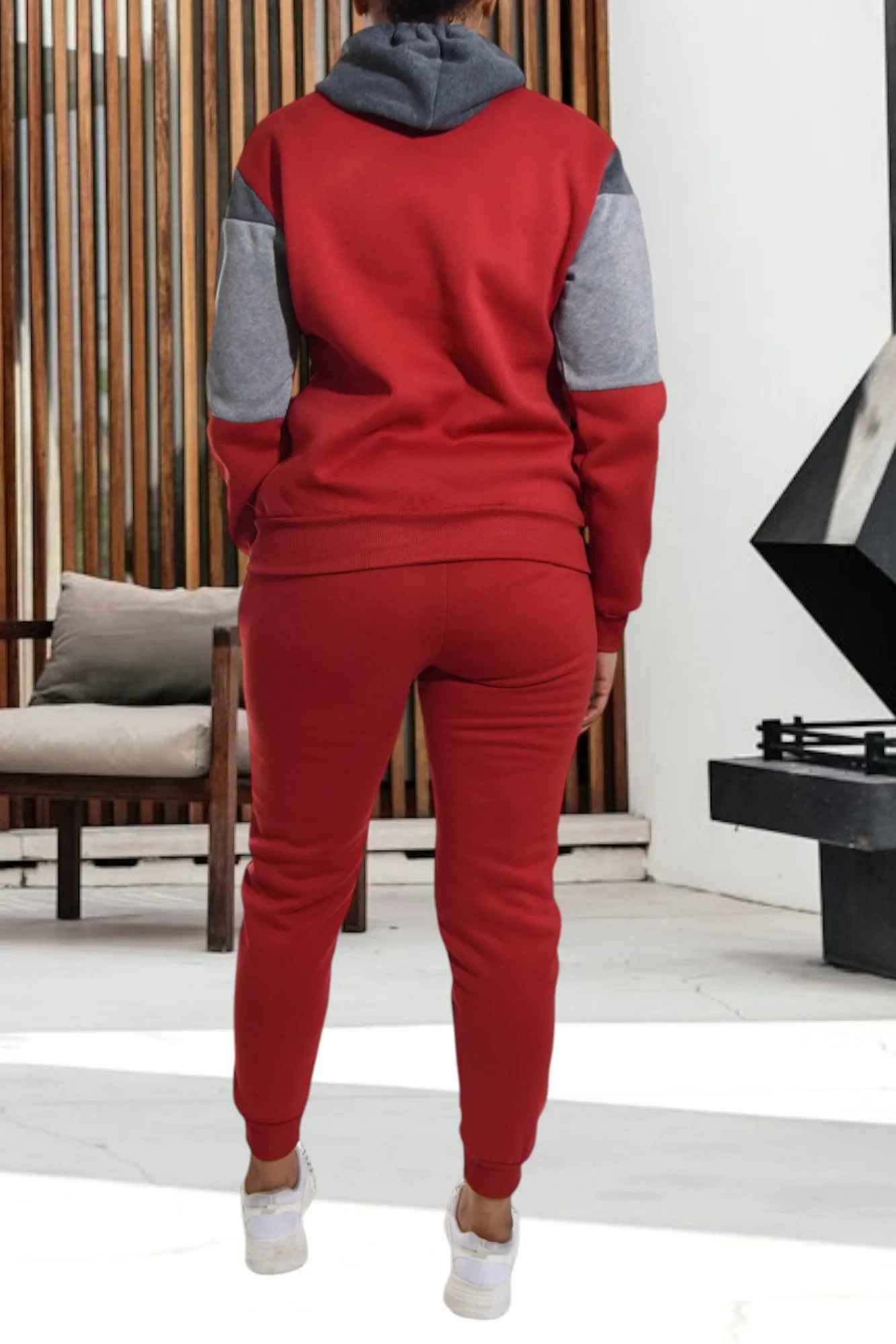 Color Block Red Kangaroo Pocket Tracksuit  Set
