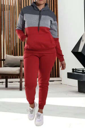 Color Block Red Kangaroo Pocket Tracksuit  Set