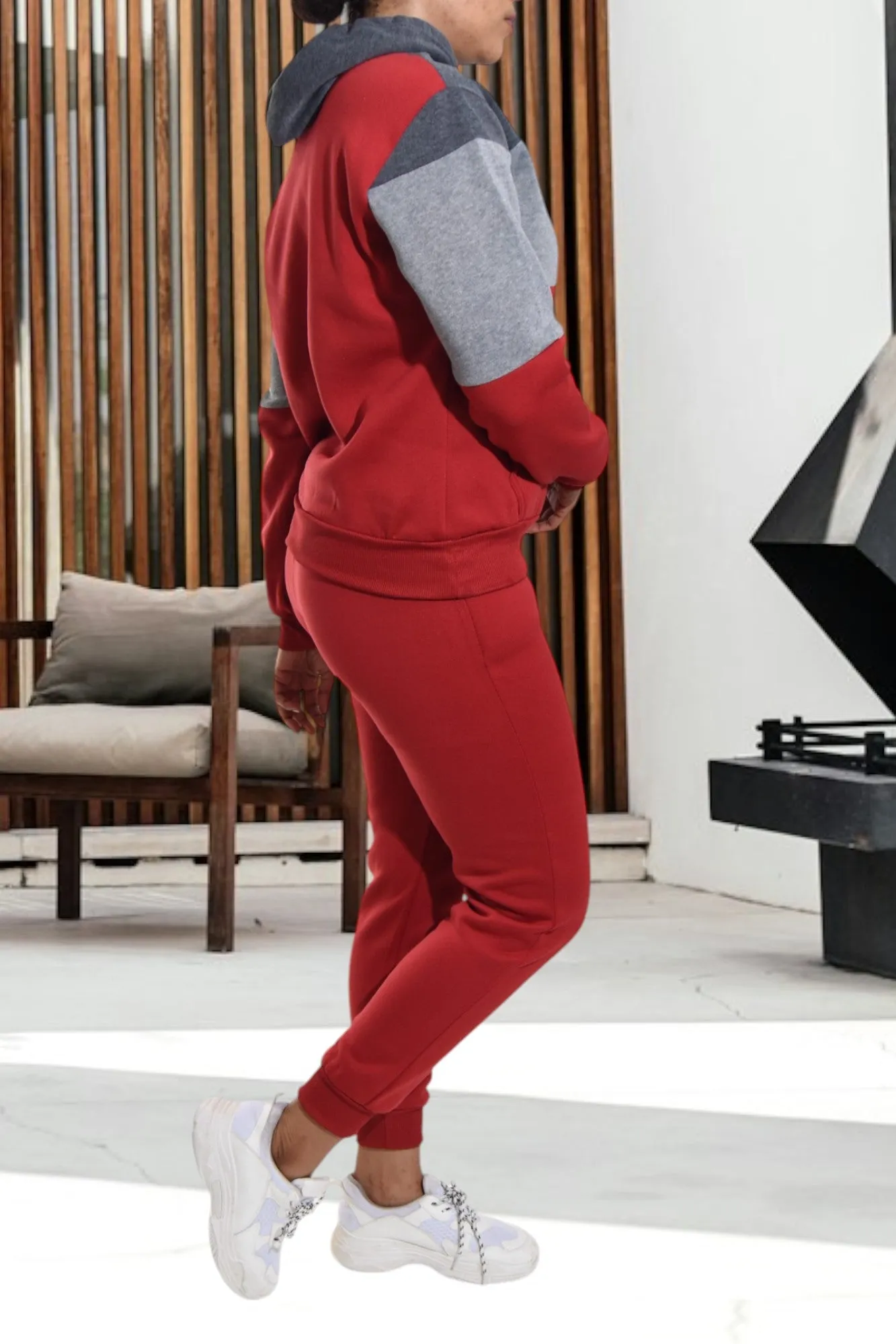 Color Block Red Kangaroo Pocket Tracksuit  Set