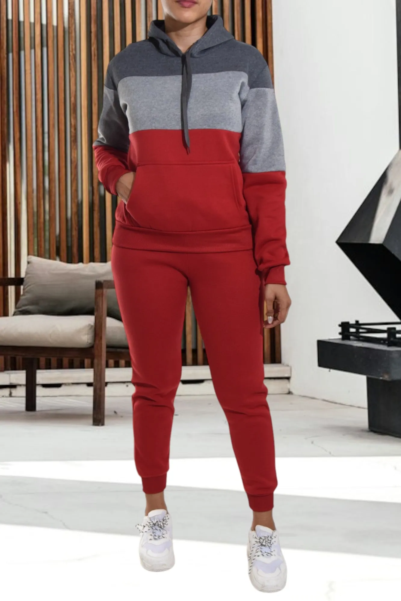 Color Block Red Kangaroo Pocket Tracksuit  Set