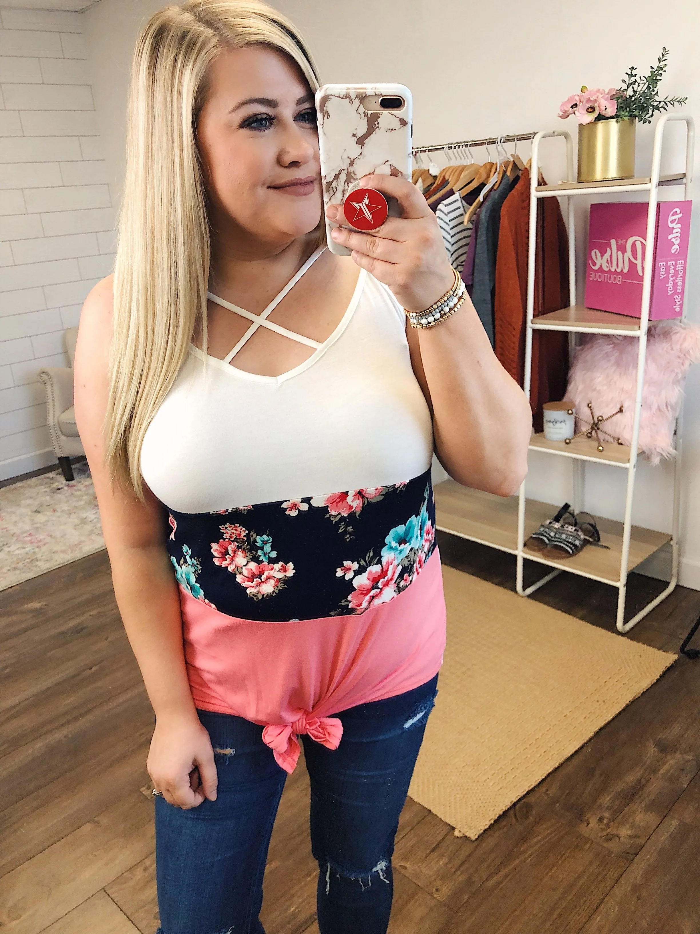 Come My Way Floral Color Block Tank Top- Pink