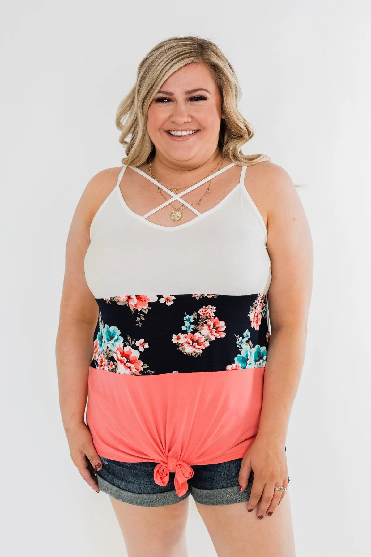Come My Way Floral Color Block Tank Top- Pink