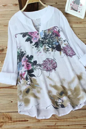 Cotton & Linen Floral Printing Blouse