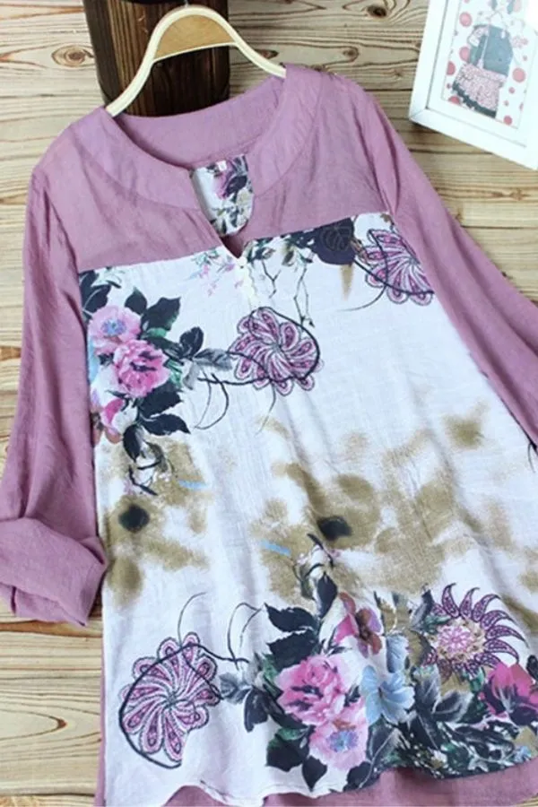 Cotton & Linen Floral Printing Blouse