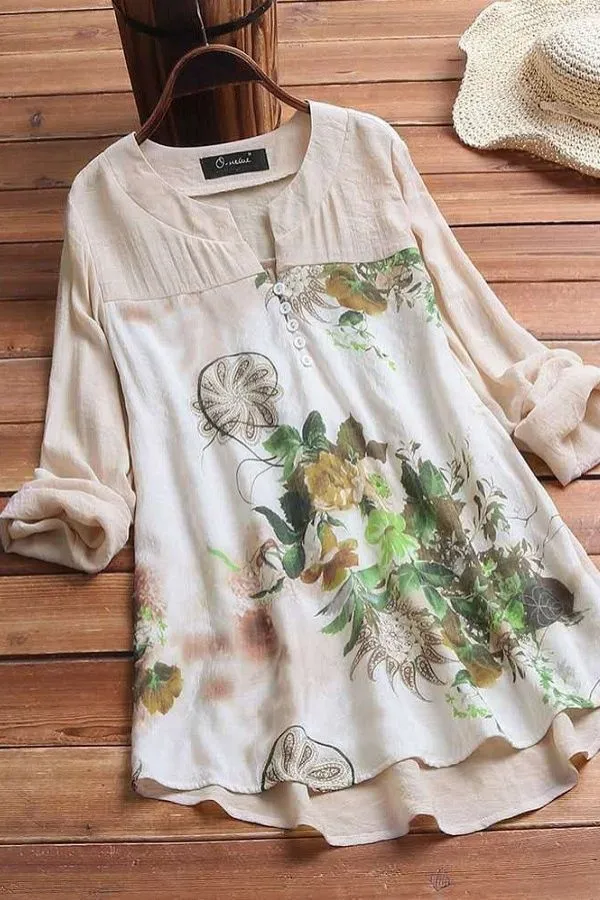 Cotton & Linen Floral Printing Blouse