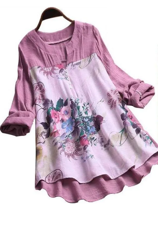 Cotton & Linen Floral Printing Blouse
