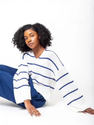 Cotton and Cashmere V-Neck Sweater - Blue Stripe