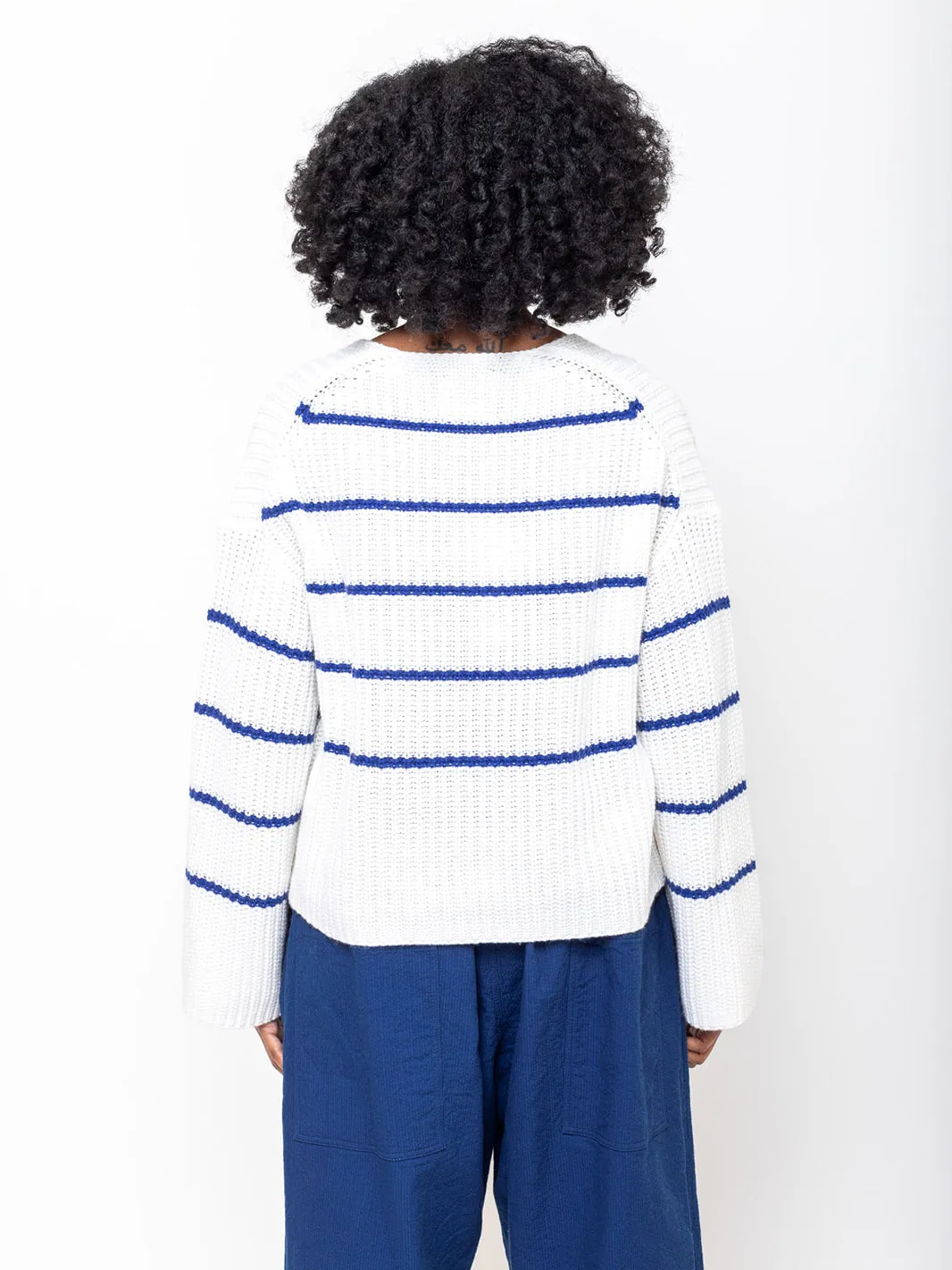 Cotton and Cashmere V-Neck Sweater - Blue Stripe