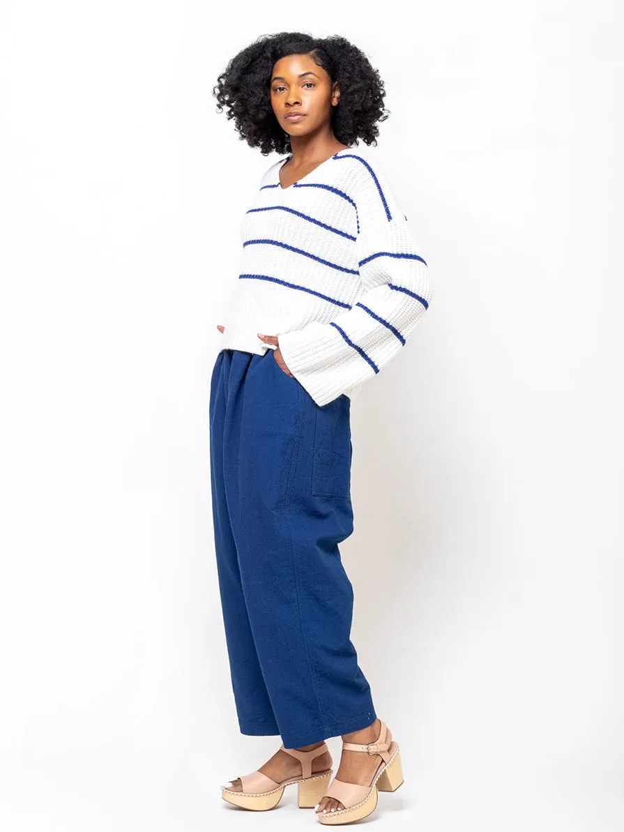 Cotton and Cashmere V-Neck Sweater - Blue Stripe