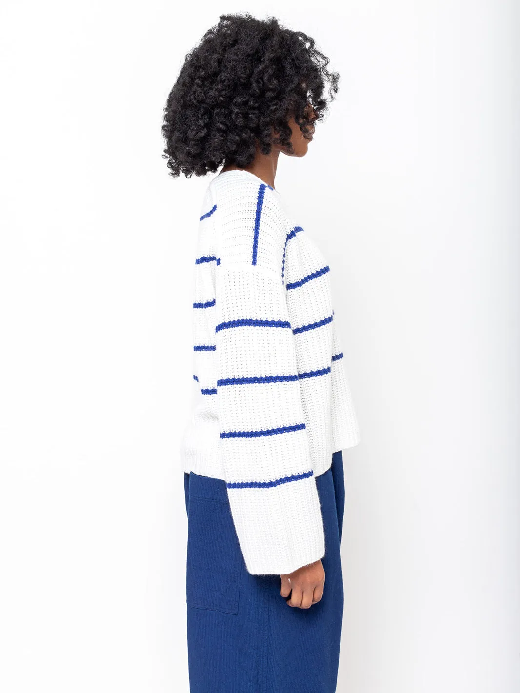 Cotton and Cashmere V-Neck Sweater - Blue Stripe