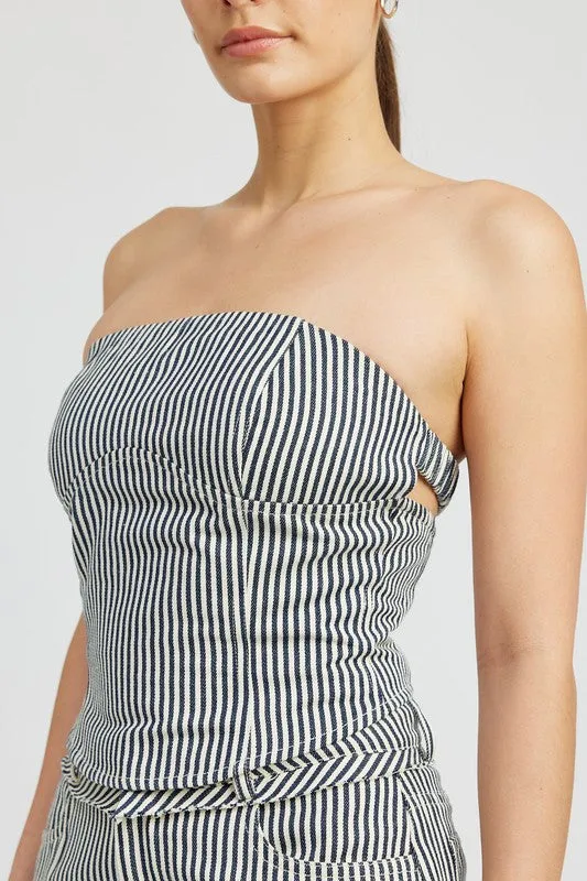 Cotton Blend Striped Twill Tube Top