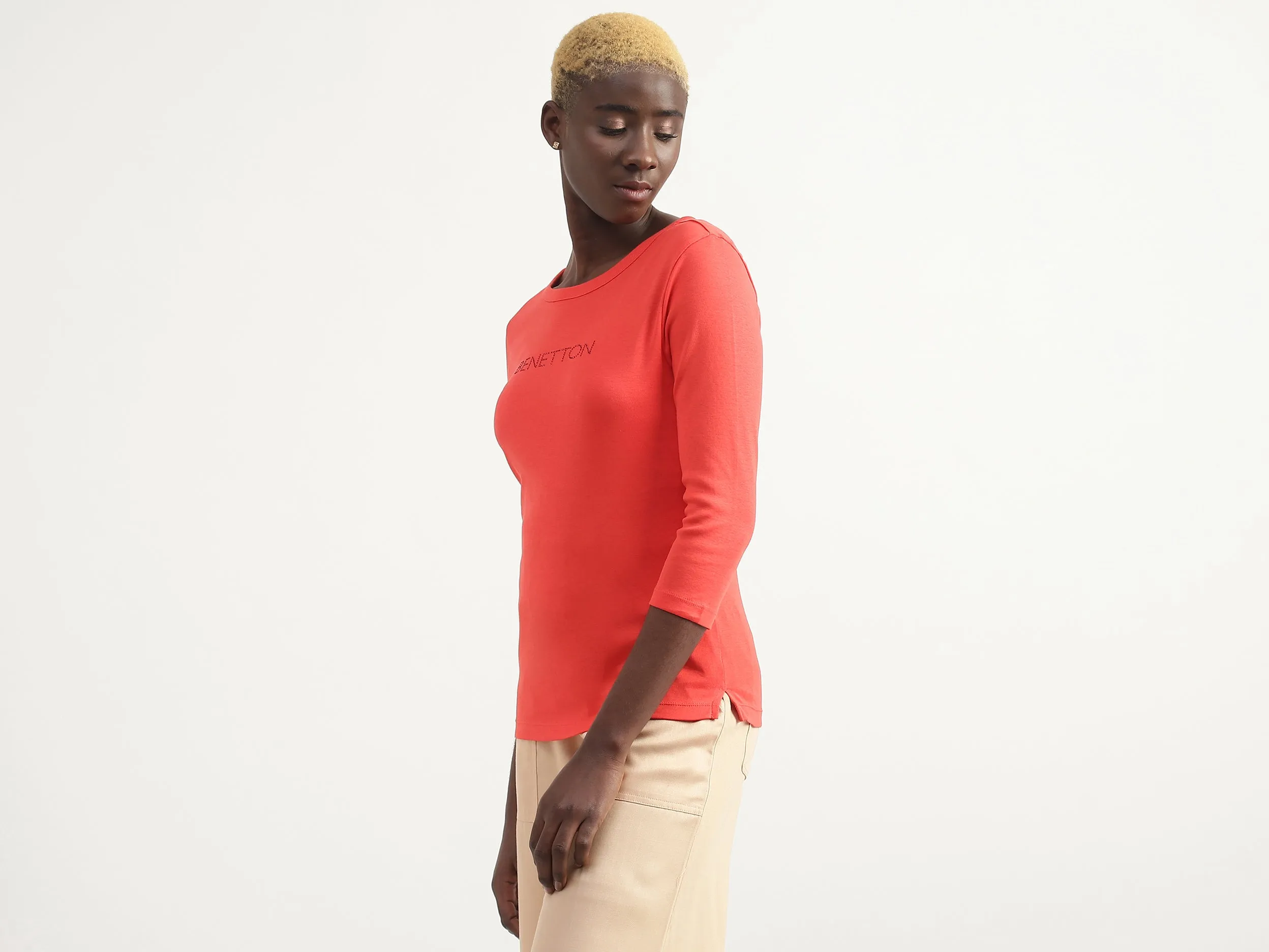Cotton Solid Round Neck Women Tops