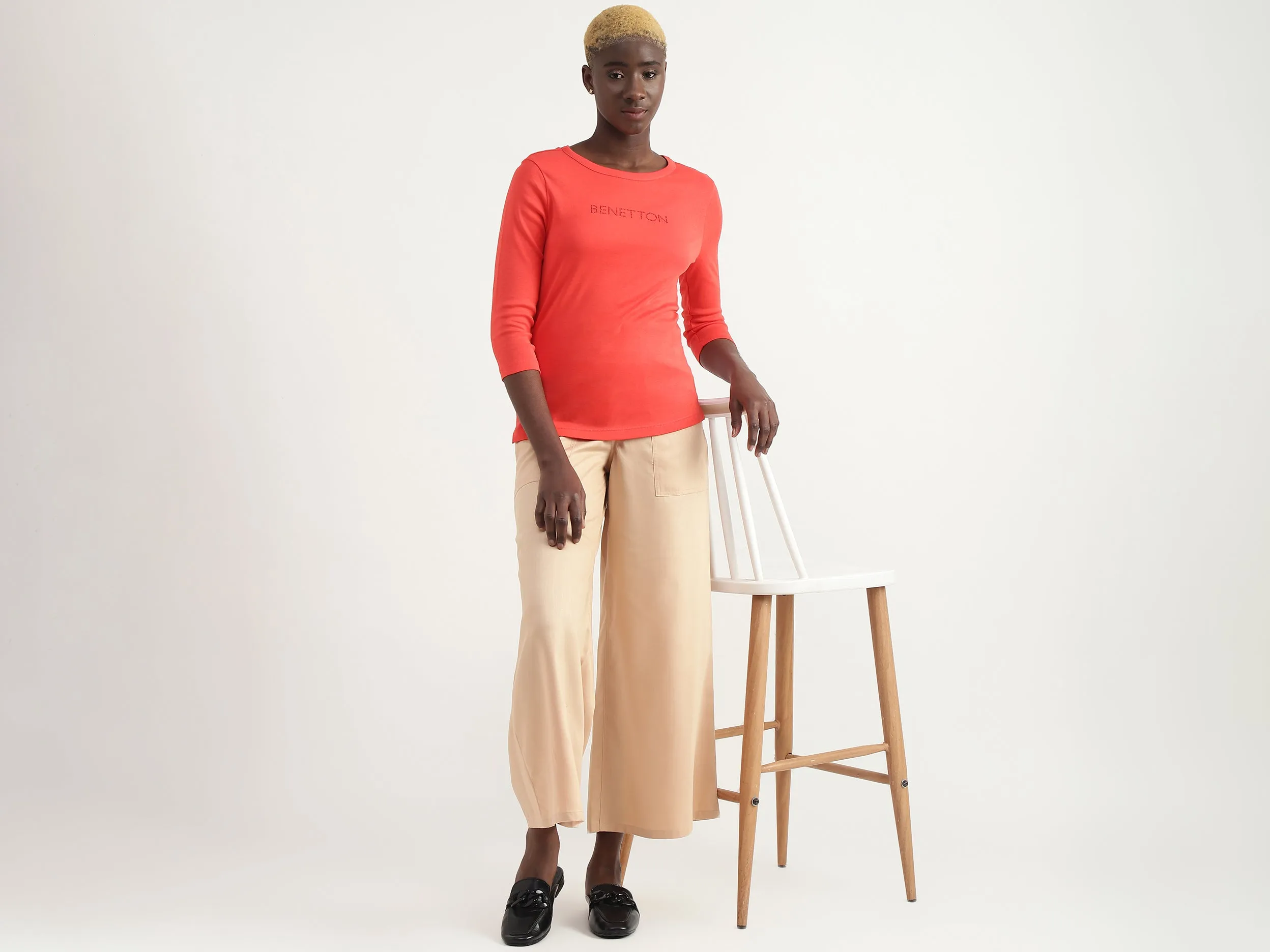 Cotton Solid Round Neck Women Tops
