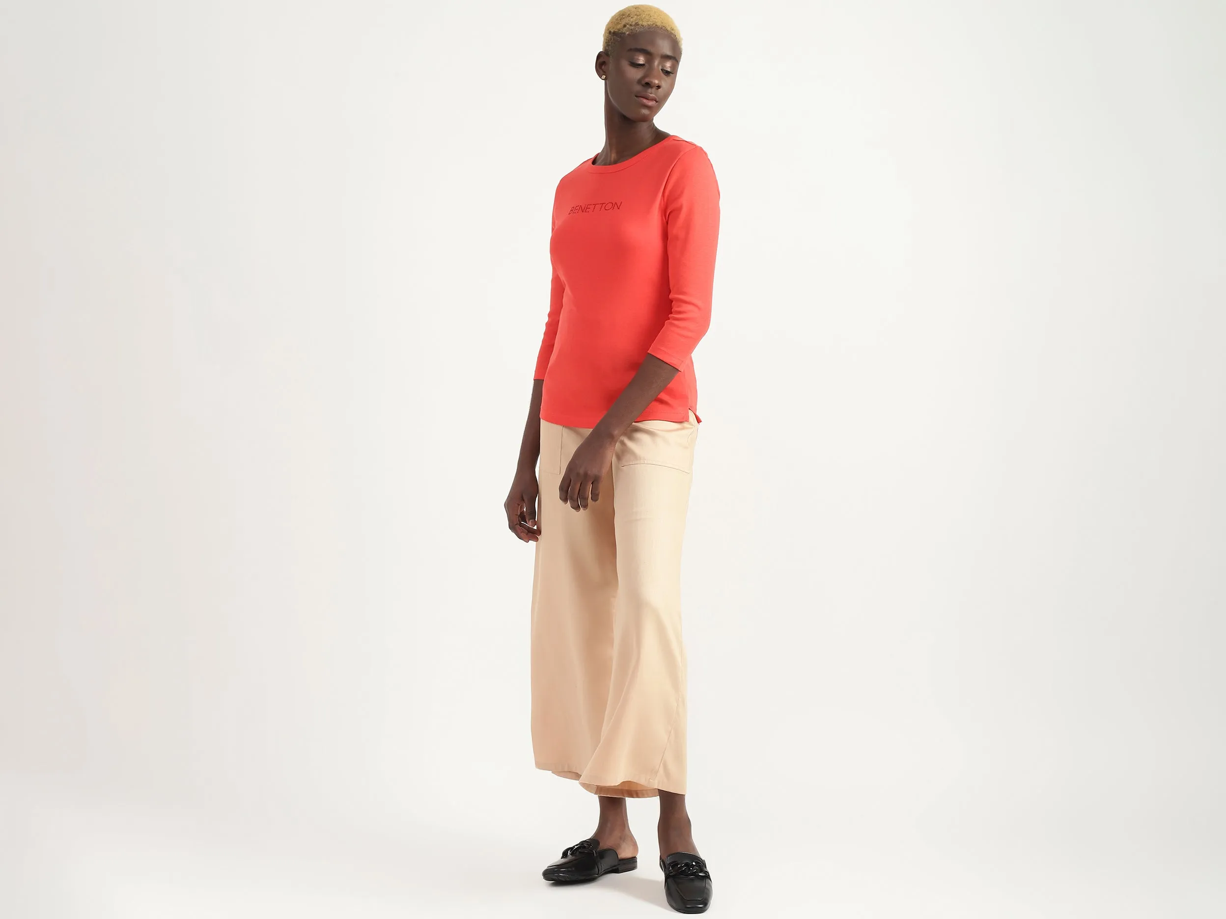 Cotton Solid Round Neck Women Tops
