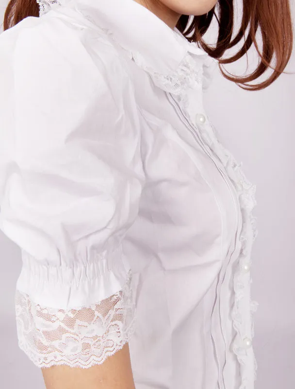 Cotton White Short Sleeves Lace Ruffles Cotton Lolita Blouse