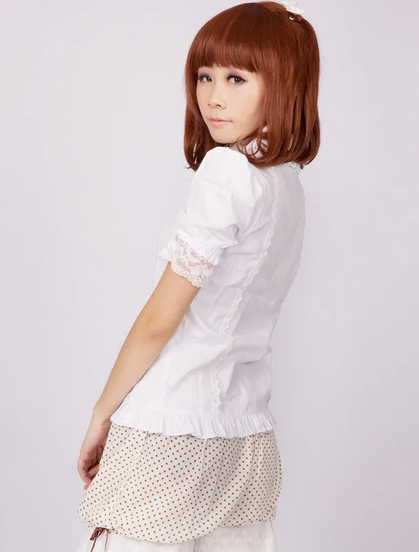 Cotton White Short Sleeves Lace Ruffles Cotton Lolita Blouse