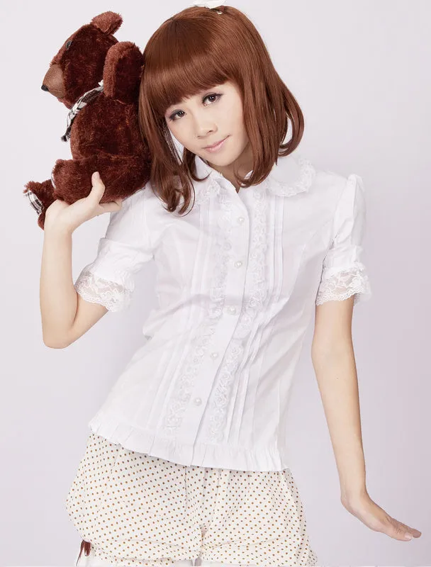 Cotton White Short Sleeves Lace Ruffles Cotton Lolita Blouse