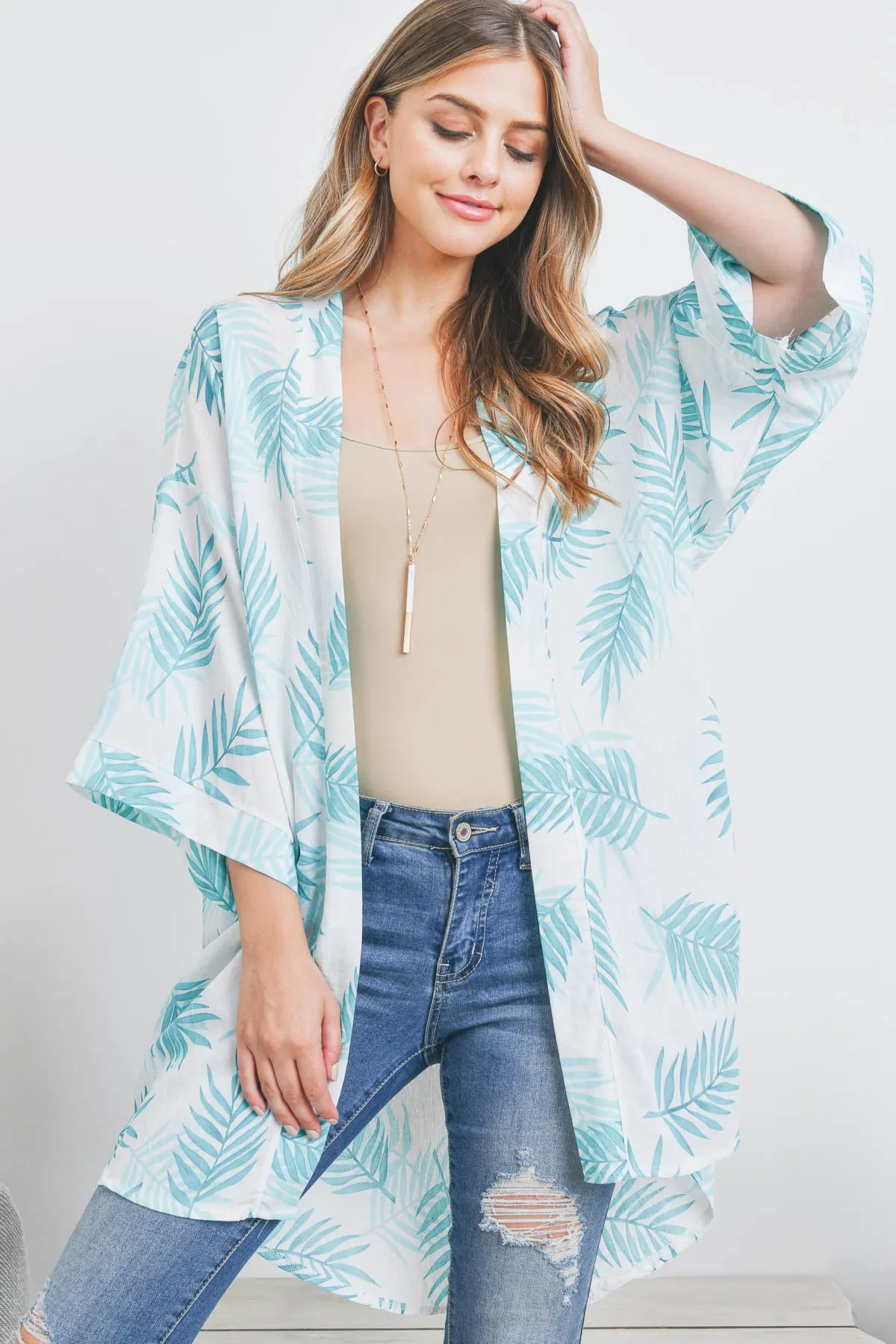 CRAWLER LEAF PRINT OPEN FRONT KIMONO