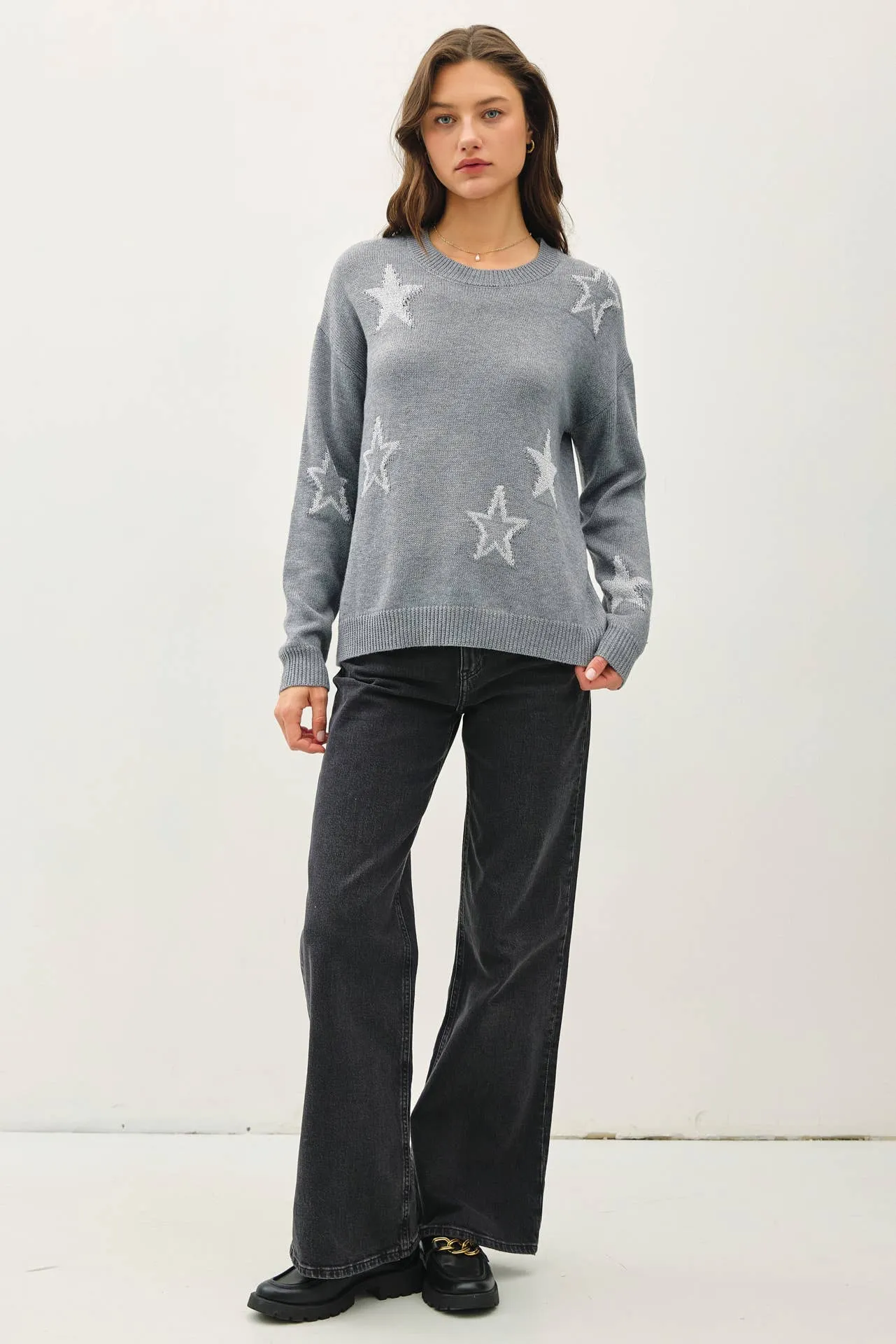 CREW NECK SWEATER WITH METALLIC STAR DESIGN