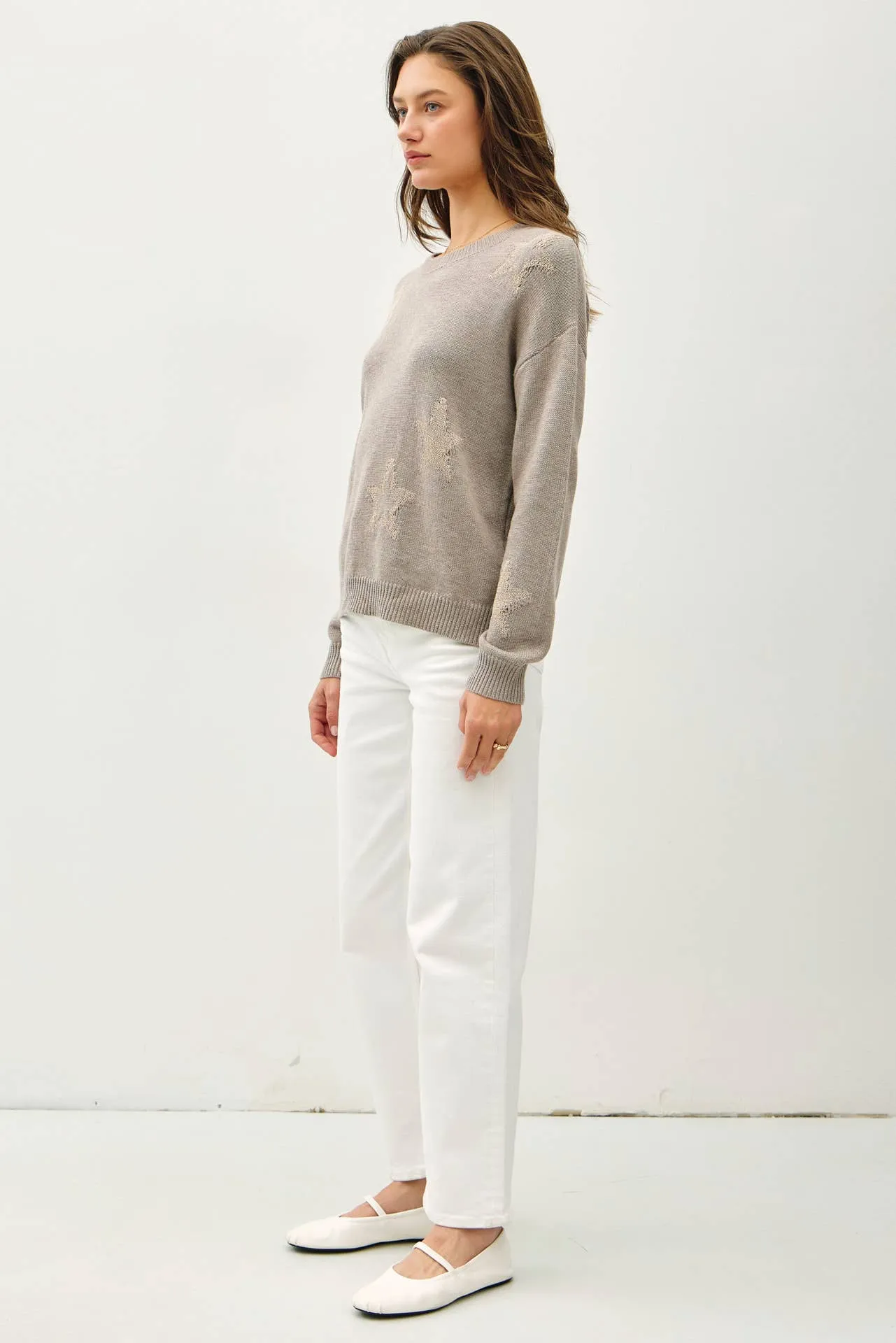 CREW NECK SWEATER WITH METALLIC STAR DESIGN