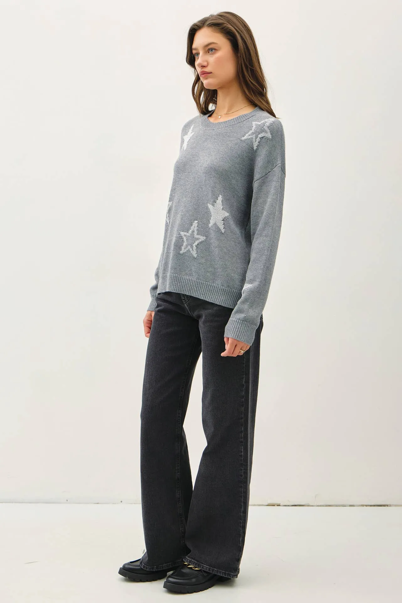 CREW NECK SWEATER WITH METALLIC STAR DESIGN