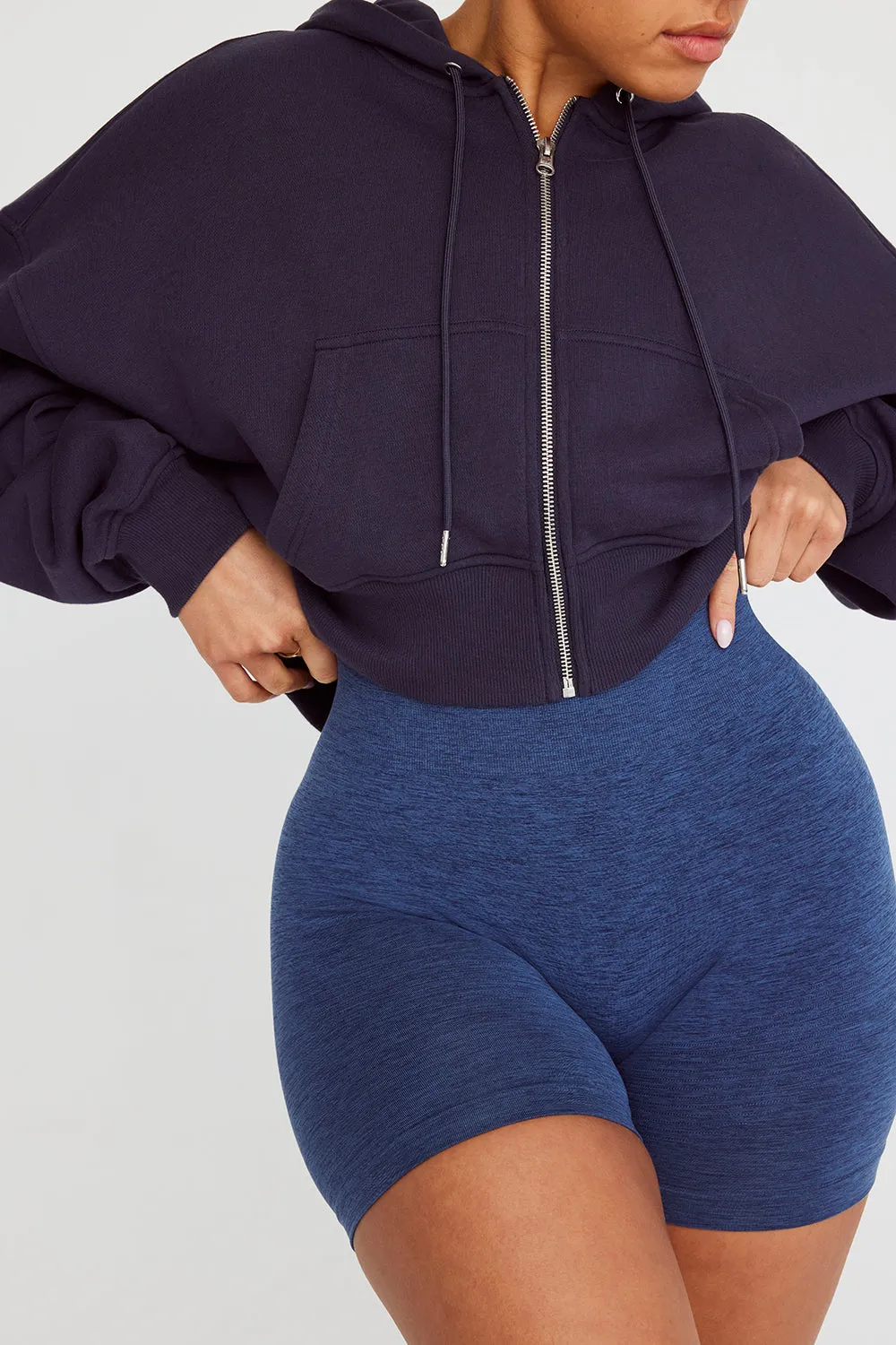 CROPPED ZIP THROUGH HOODIE - NAVY
