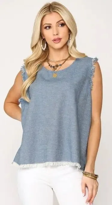 Denim frayed hem sleeveless top