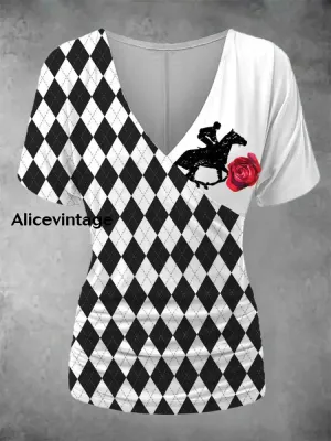 Derby Rose Art Print V-Neck Short Sleeve Shirt