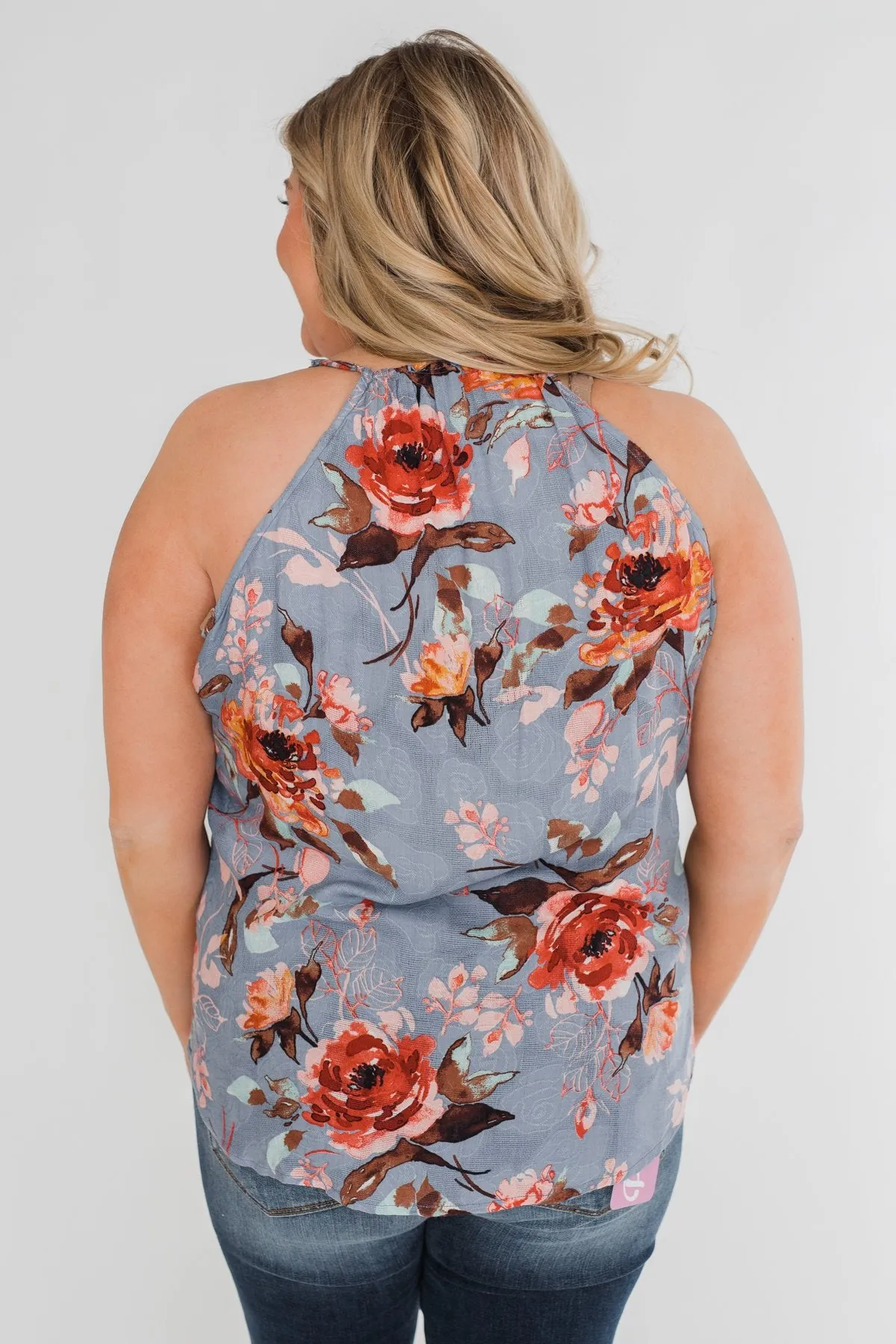 Dreaming of Floral Ruffle Tank Top - Light Steel Blue