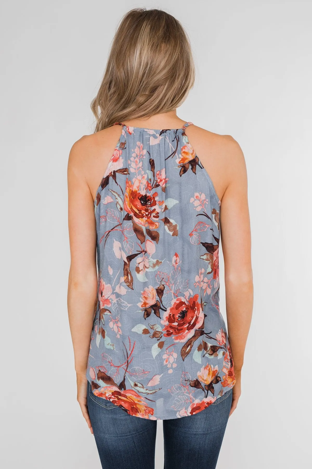 Dreaming of Floral Ruffle Tank Top - Light Steel Blue