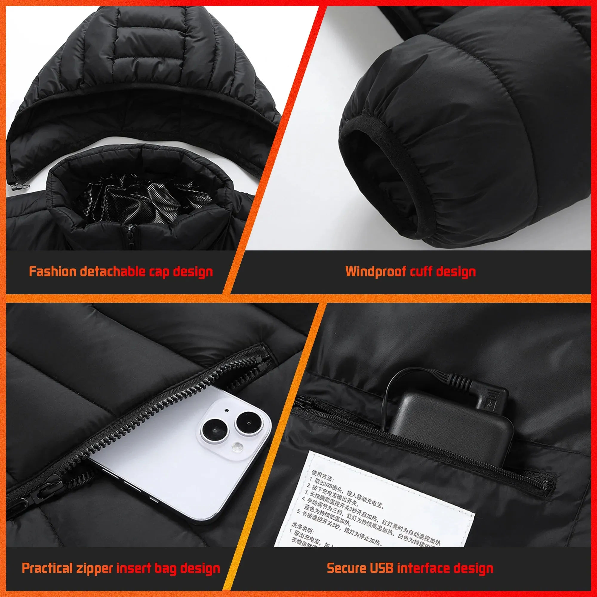 Electric Heated coat jacket winter jacket for outdoors skiing camping hiking adjustable heating levels  for men for women C6