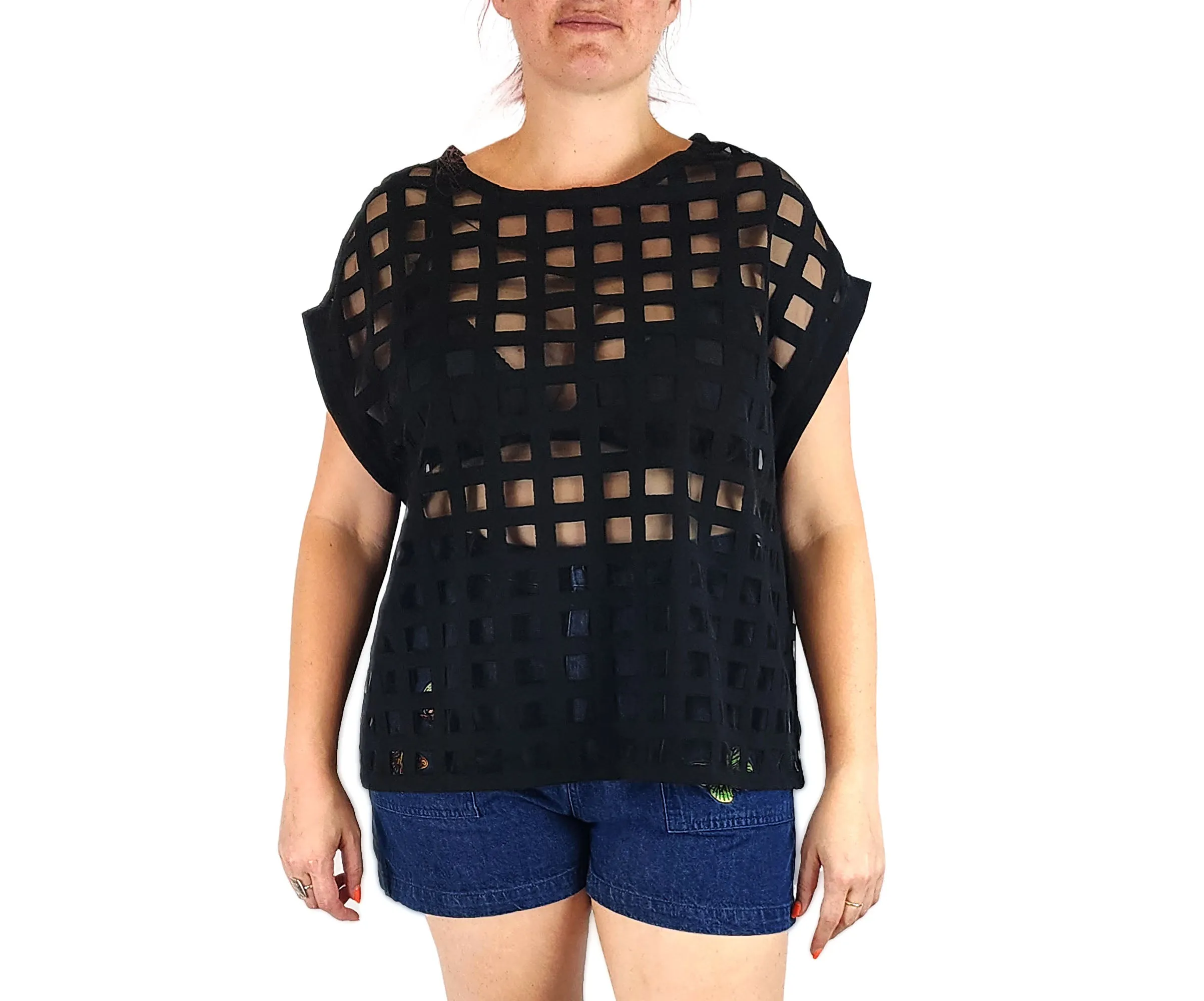 Elk black check semi-sheer top size large