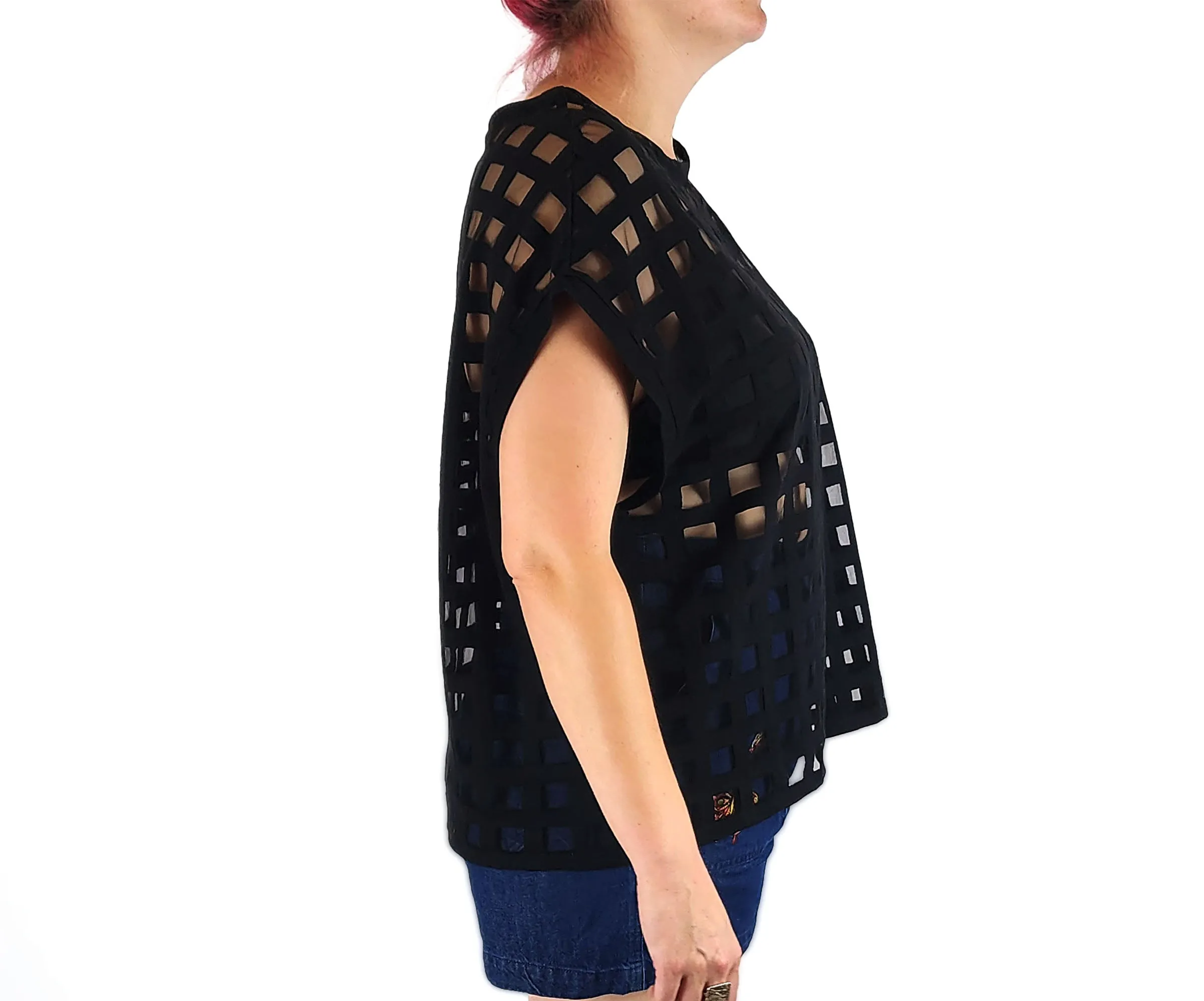 Elk black check semi-sheer top size large