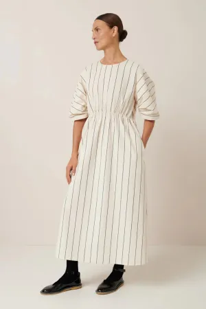 Ellora Dress, Greige Pinstripe