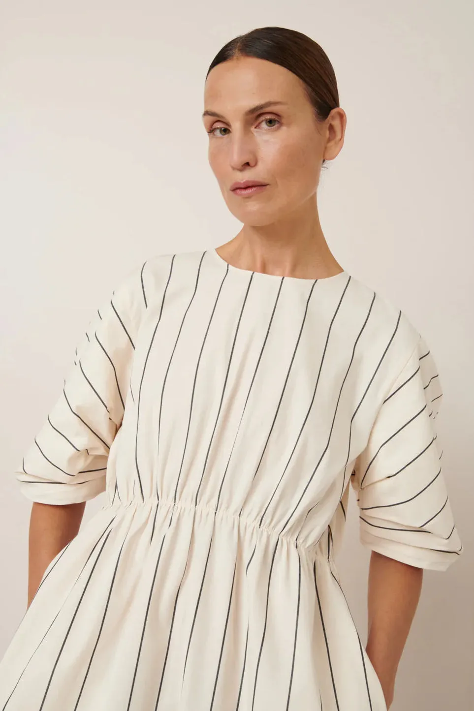 Ellora Dress, Greige Pinstripe