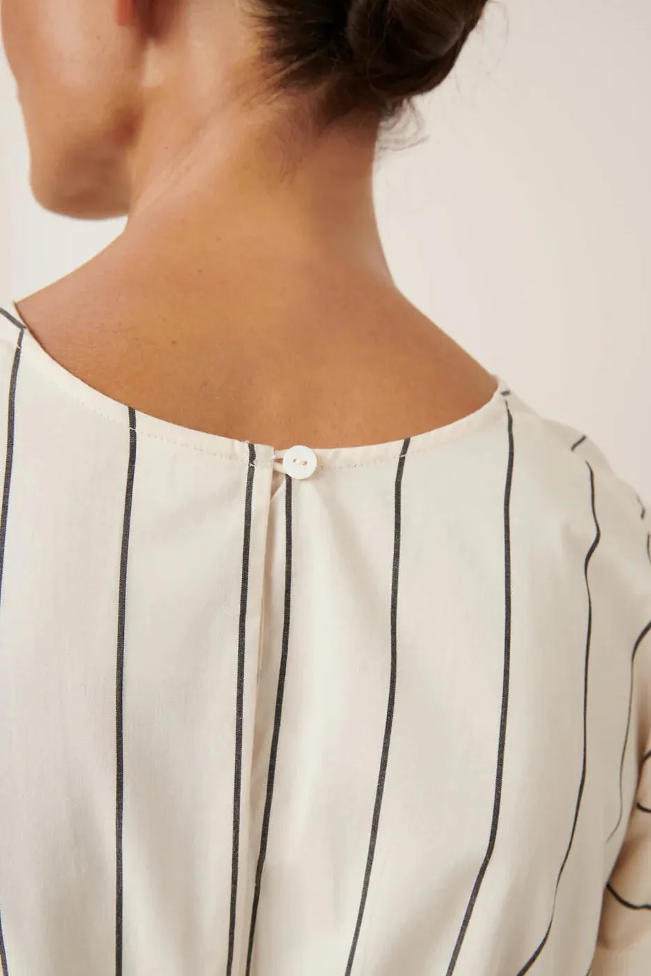 Ellora Dress, Greige Pinstripe