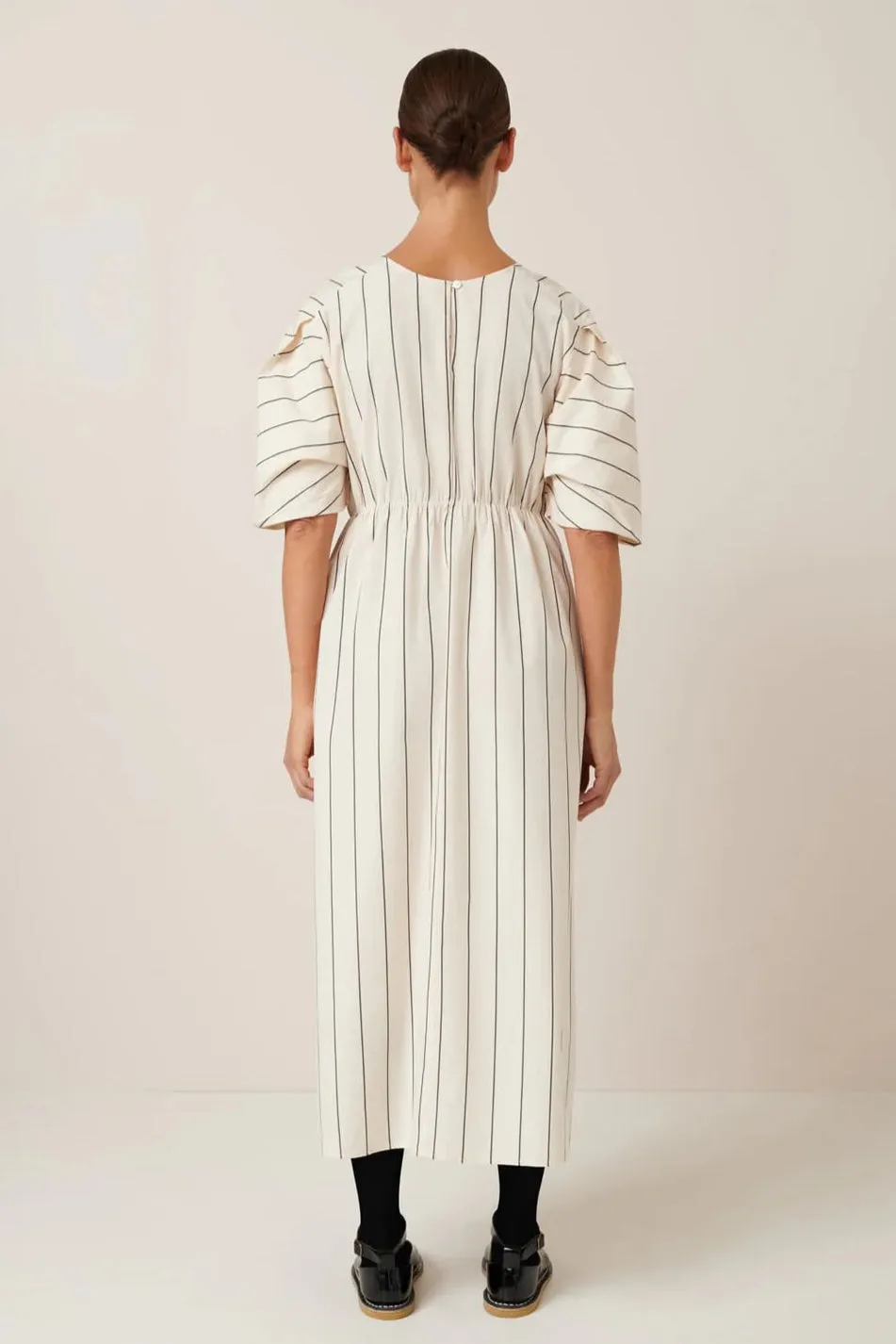 Ellora Dress, Greige Pinstripe