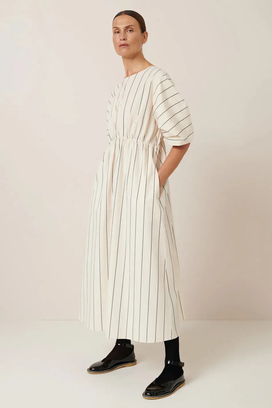 Ellora Dress, Greige Pinstripe
